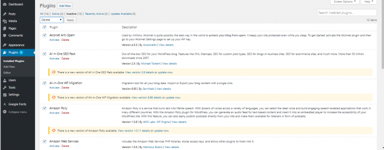 Disabled Unused Plugins