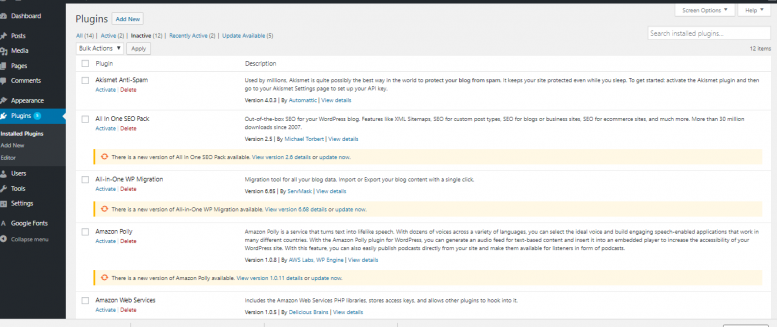 Disabled Unused Plugins