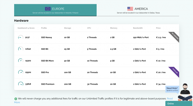 screenshot of WebDock hosting plans (Europe)