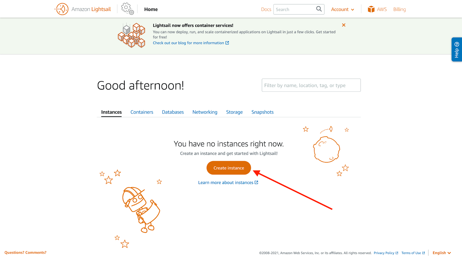 screenshot of highlighted Create instance button