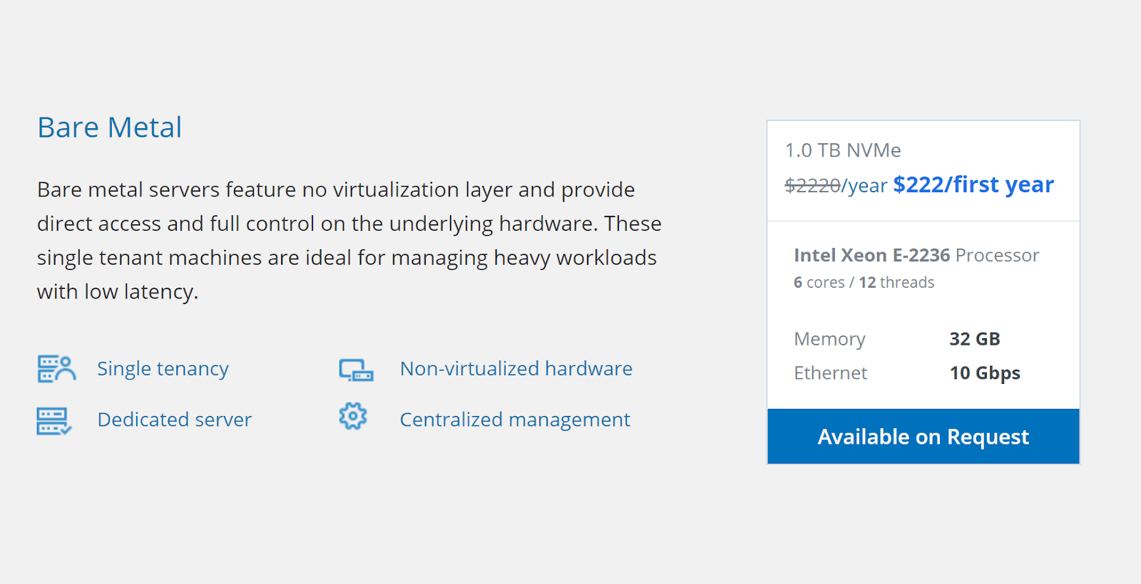 screenshot of Bare metal server plan
