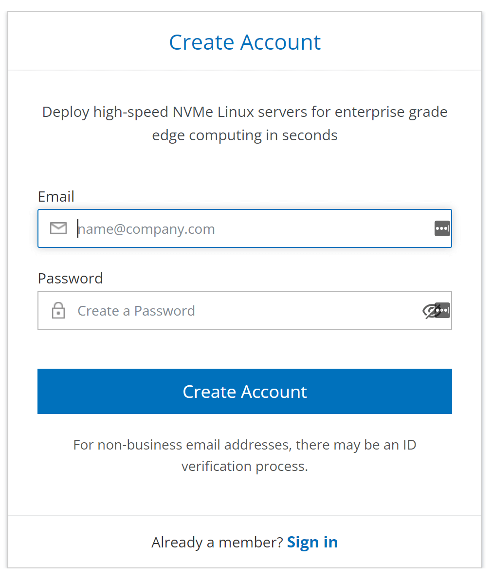 screenshot of Create Account panel