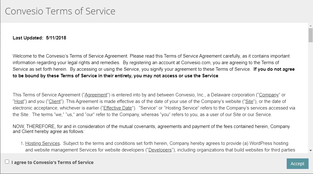 screenshot of convesio Terms of Service