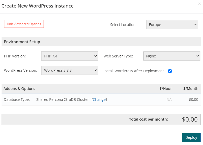 Screenshot of the Creating New WordPress Instance tab
