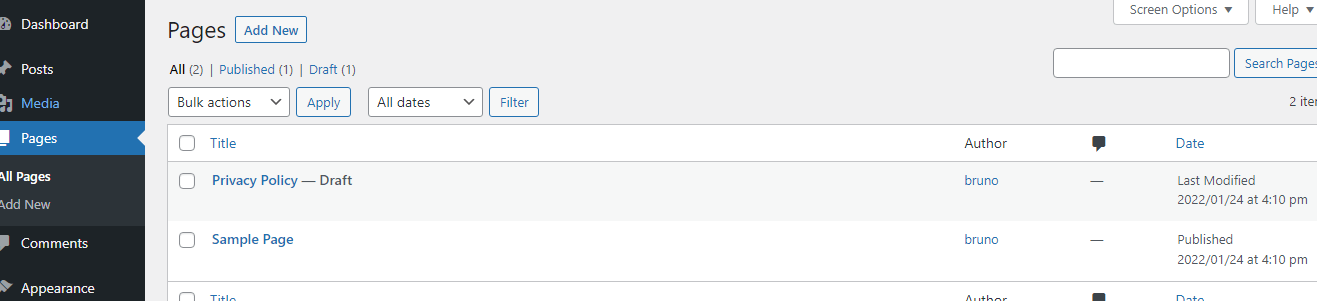Screenshot of Pages tab