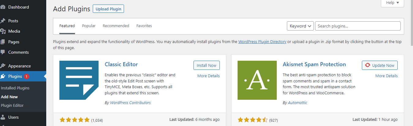 Screenshot of Plugins tab