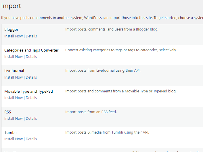 Screenshot of Import tab