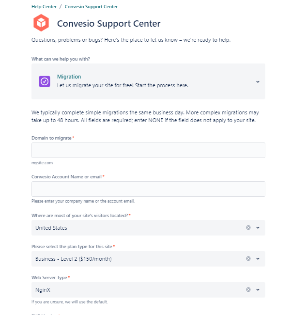 Screenshot of Convesio Support Center