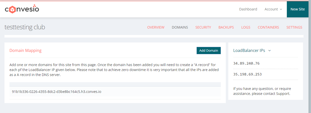 Screenshot of the Domains tab