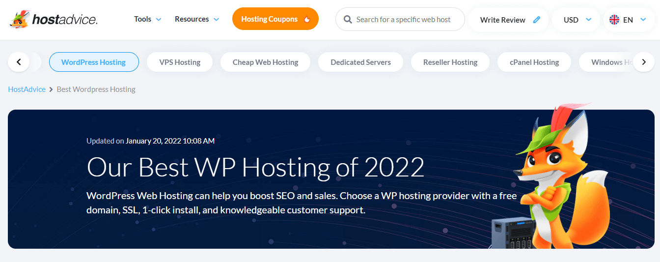screenshot of WordPress hosting category on HostAdvice