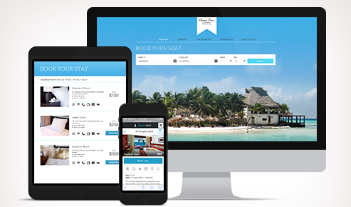 Alt Text: On the picture is displayed the home page to book your stay on three screens: tables, phone, and computer.
