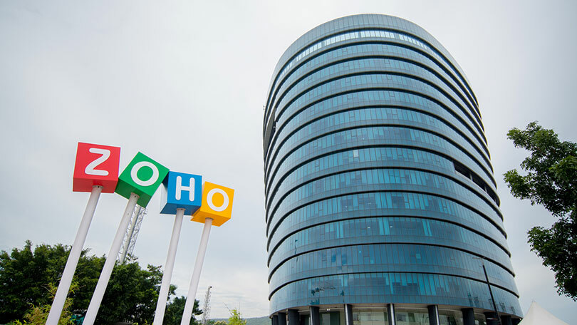 Headquarters of Zoho and the logo in red, green, blue, and yellow color