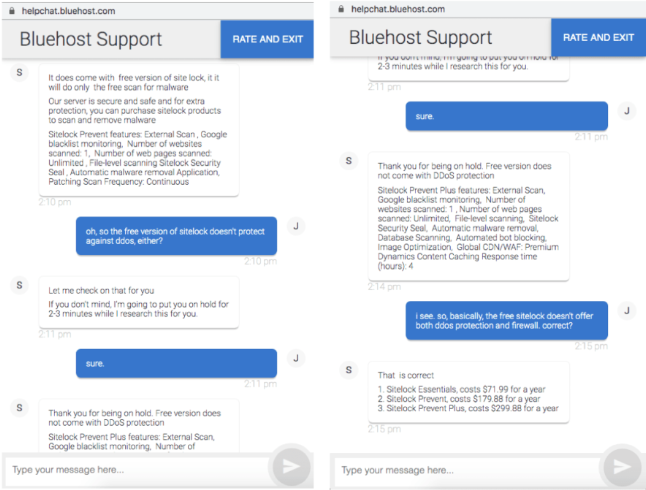 Bluehost canlı sohbette güler yüzlü temsilci. Sohbet beyaz arka plan üzerine kuruludur.