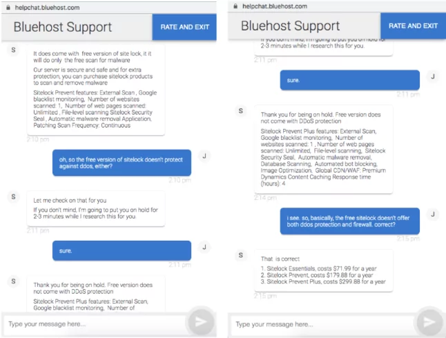 دردشة Bluehost المباشرة مع العميل الودود. تظهر الدردشة كلها على خلفية بيضاء.