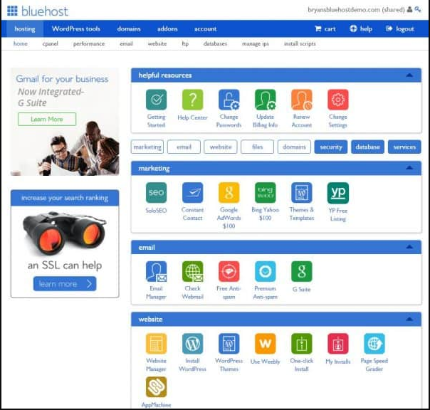 Beyaz arka plan üzerinde Bluehost kontrol paneli araçları.