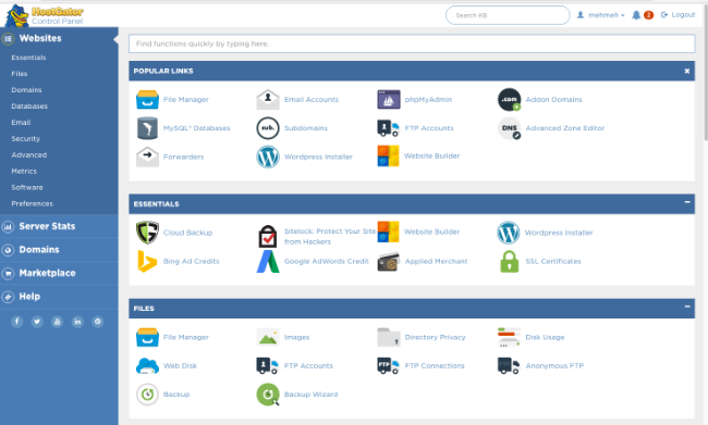 HostGator'un cPanel arayüzünü gösteren sekme