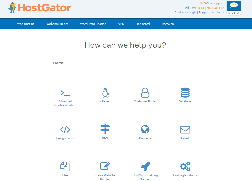 HostGator'un önerilen makaleleri gösteren bilgi tabanını gösteren sekme