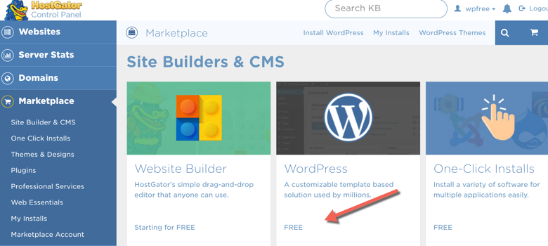 HostGator’un WordPress kurulum seçeneğini gösteren sekme