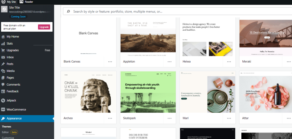 Image of the variety of templates offered by WordPress website builder.