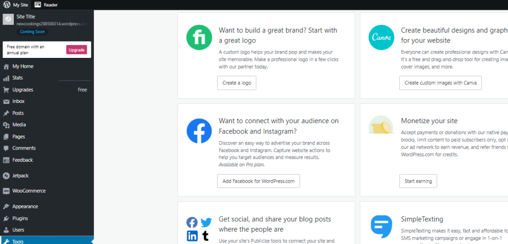 Image of the features and tools offered by WordPress website builder.