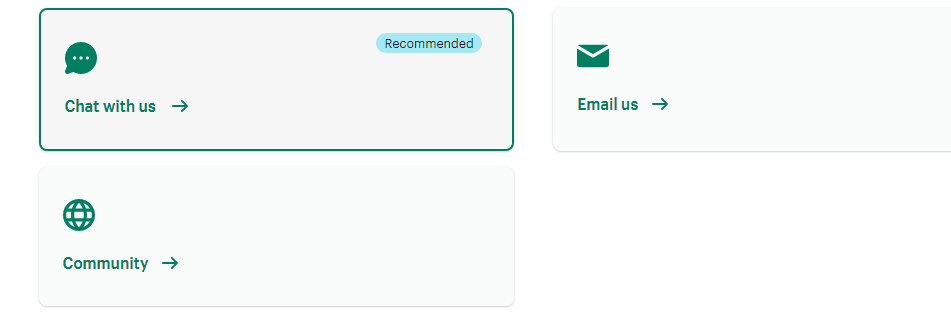 Image demonstrating the available support offered by Shopify: chat, email and community.
