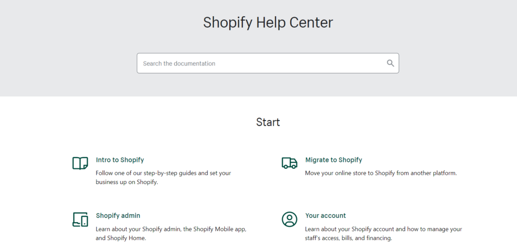 Image of Shopify’s Help Center and a search button where you can search the documentation.