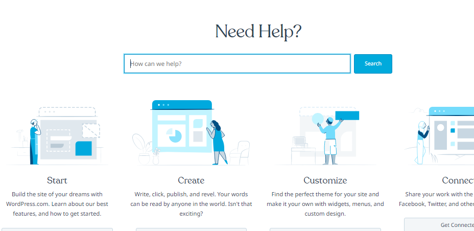 Image demonstrating WordPress website builder community. A search button and four sections are available in the community: Start, Create, Customize and Connect.