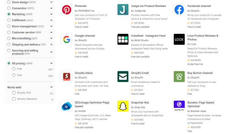 A photo that shows some of the marketing apps that you can get in the Shopify App Store