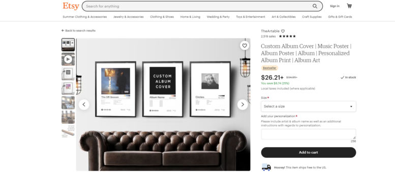 A photo that shows how all products look on Etsy, with pictures of the products on the left, and details about the product, prices, and an 