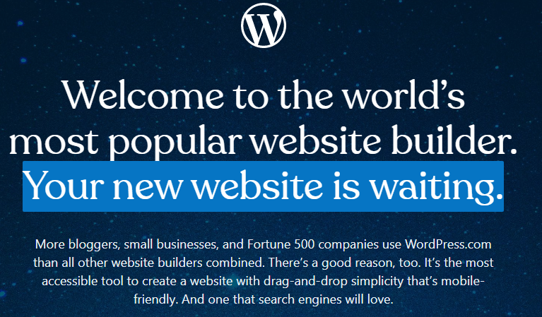Image of a starry sky with WordPress website builder’s motto: “Welcome to the world’s most popular website builder. Your new website is waiting.