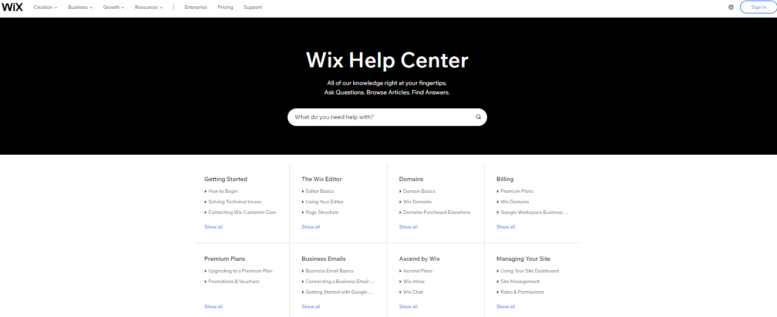 Tab mostrando el centro de ayuda de Wix con artículos sugeridos y opción para buscar ayuda.