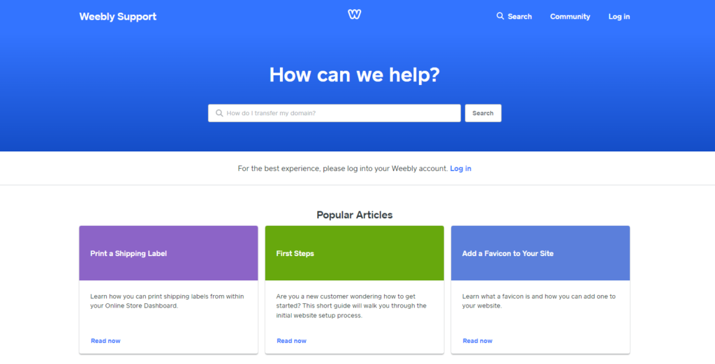ภาพของอินเตอร์เฟซศูนย์ช่วยเหลือของ Weebly ที่แสดงบทความยอดนิยม