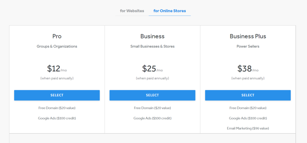 Weebly’s Business and eCommerce plans.