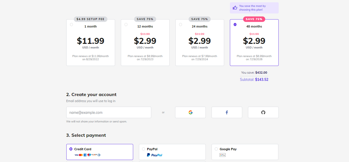 This shows some of the information users need to fill in before purchasing the plan they want.