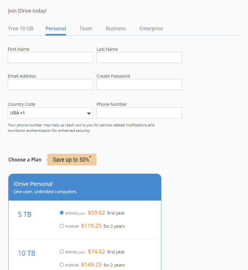 A photo of the web page where you need to add your personal information and choose a pricing plan.