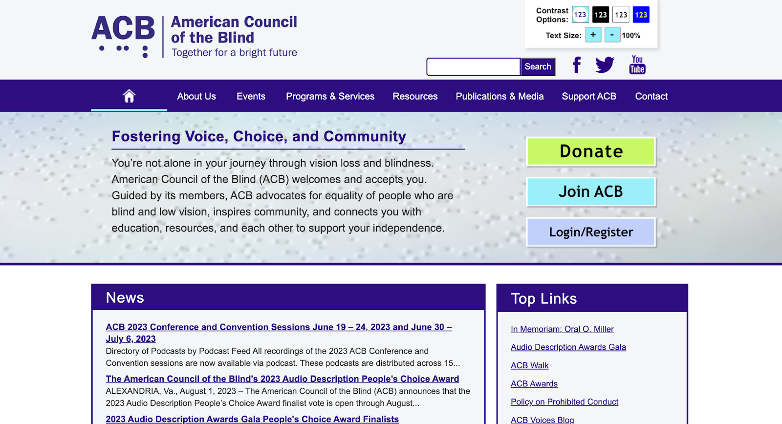Screenshot from the American Council of the Blind website