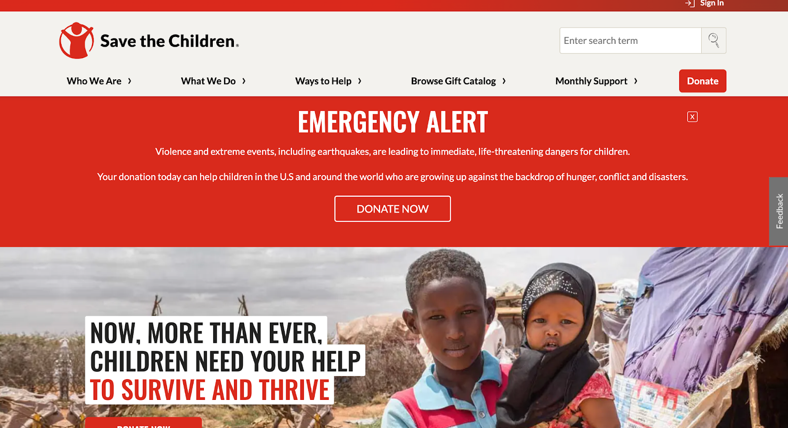Screenshot from Save the Children website, shows two children
