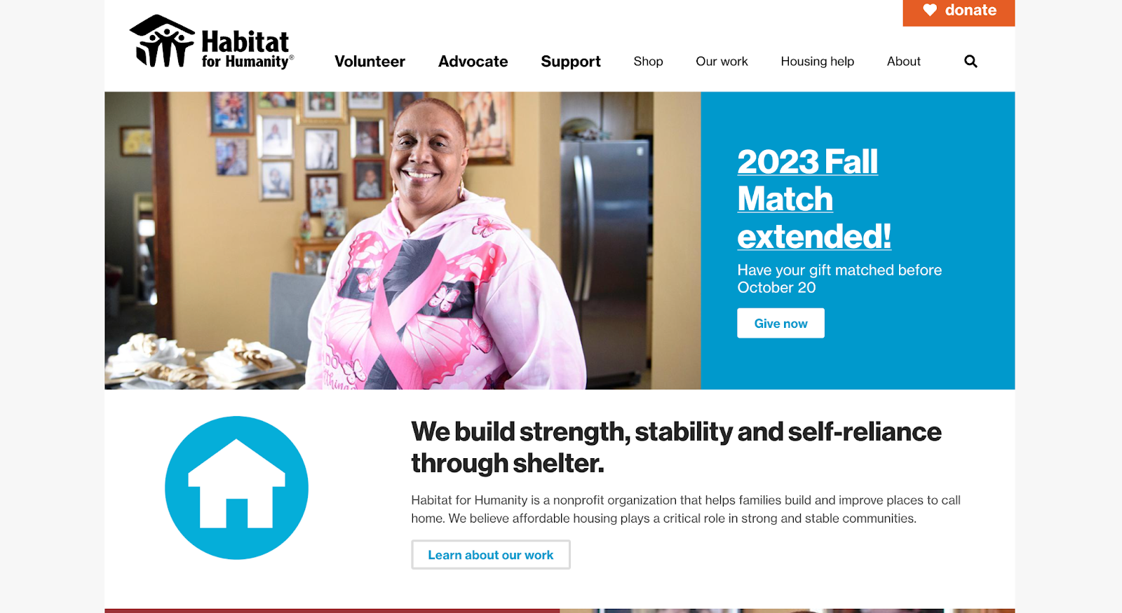 Screenshot from Habitat for Humanity website shows woman wearing a sweatshirt dedicated to breast cancer