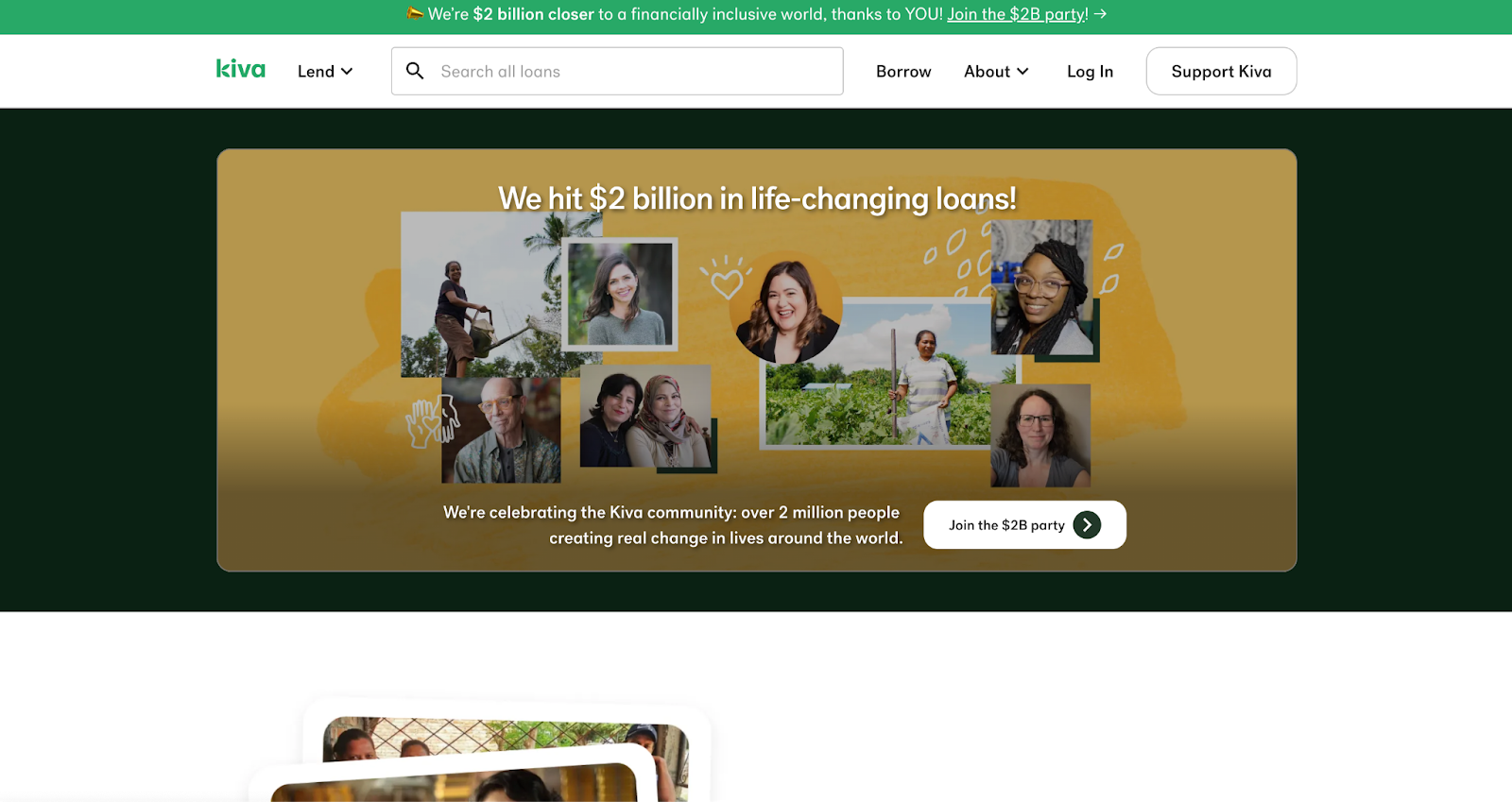 Screenshot from Kiva website shows images of several people who have had their lives changed because of Kiva’s loans