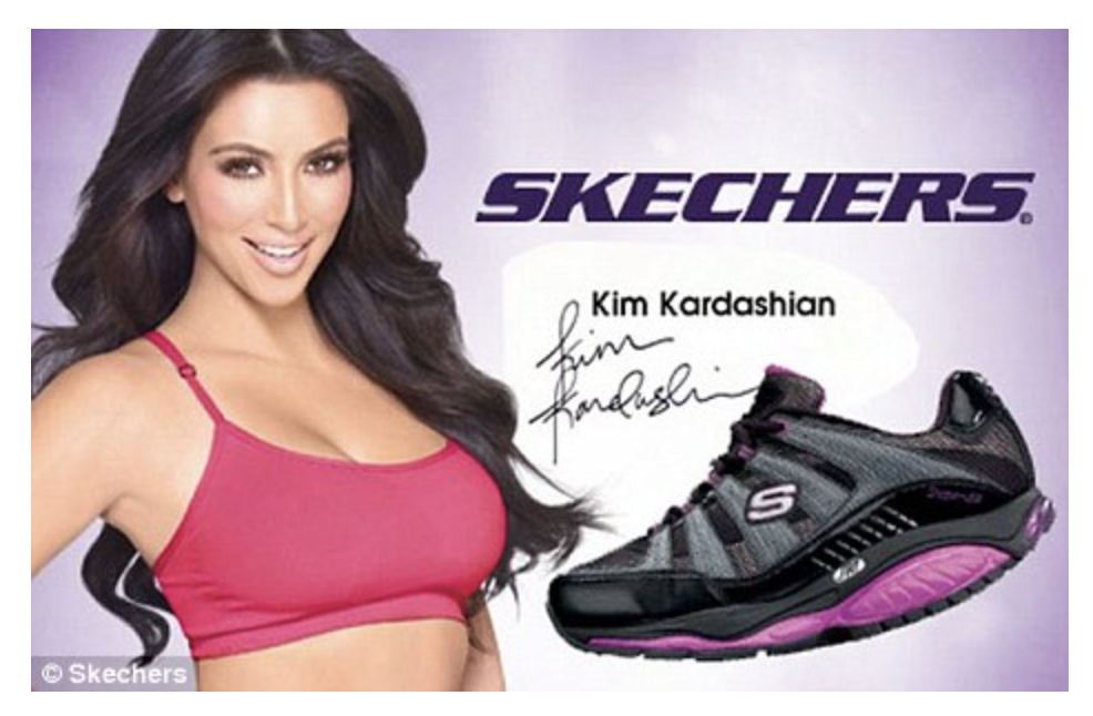Screenshot of Kim Kardashian and a Skechers tennis shoe. Represents influencer marketing and social proof.
