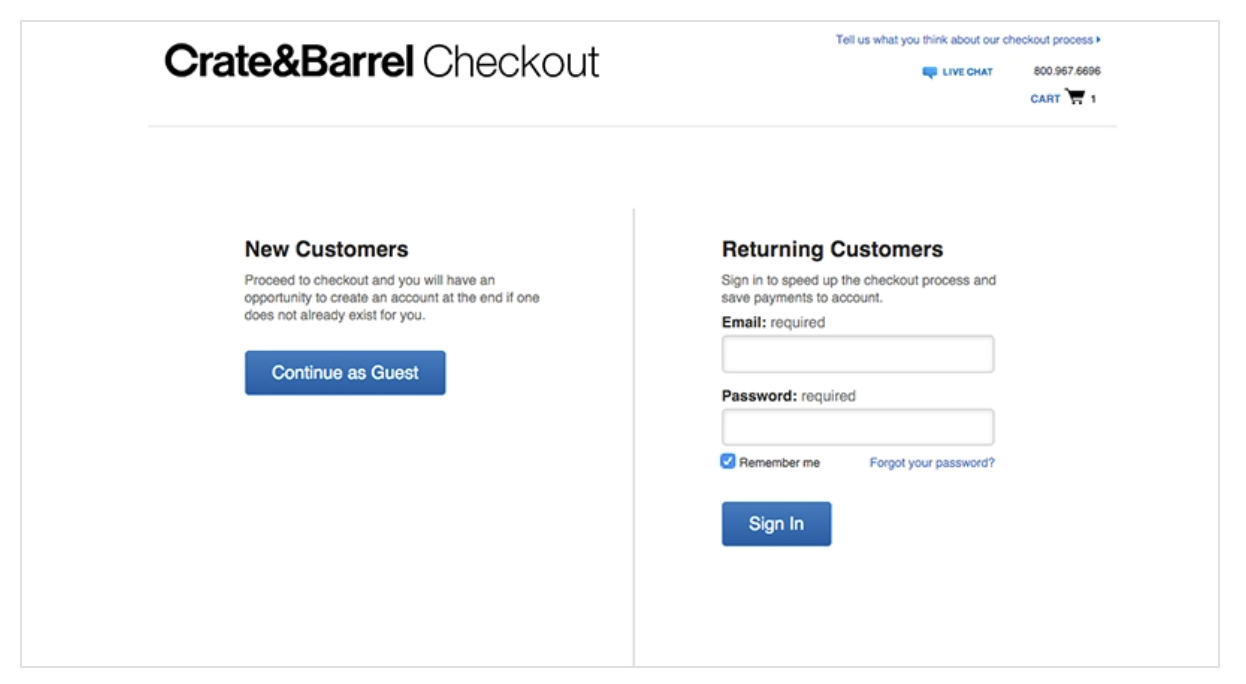 Screenshot from Crate&Barrel website that shows “Continue as Guest” option.