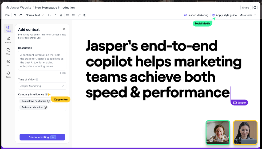 Jasper's end to end copilot helps marketing team s achieve both speed & performance