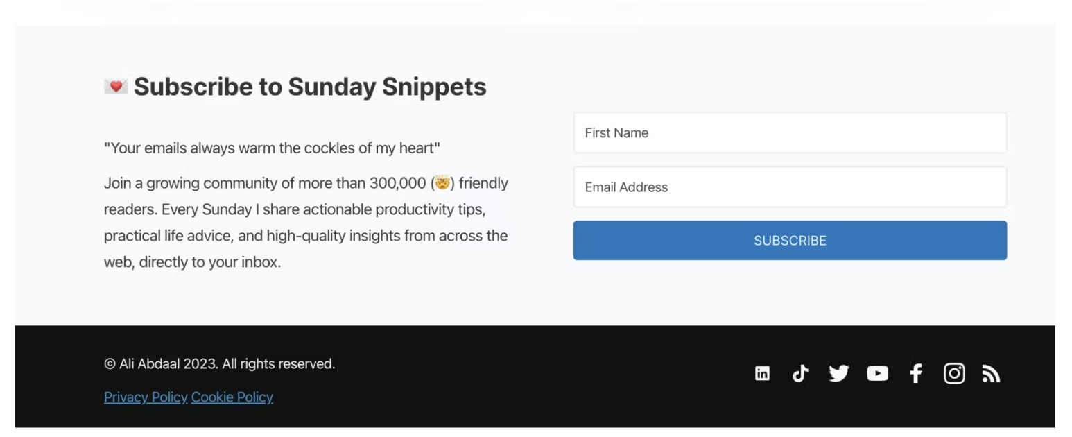 Screenshot from Ali Abdaal Sunday Snippets newsletter site.
