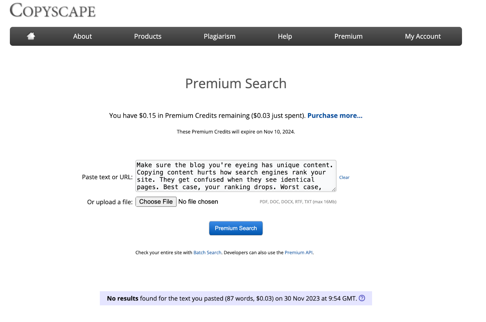 Screenshot from Copyscape.