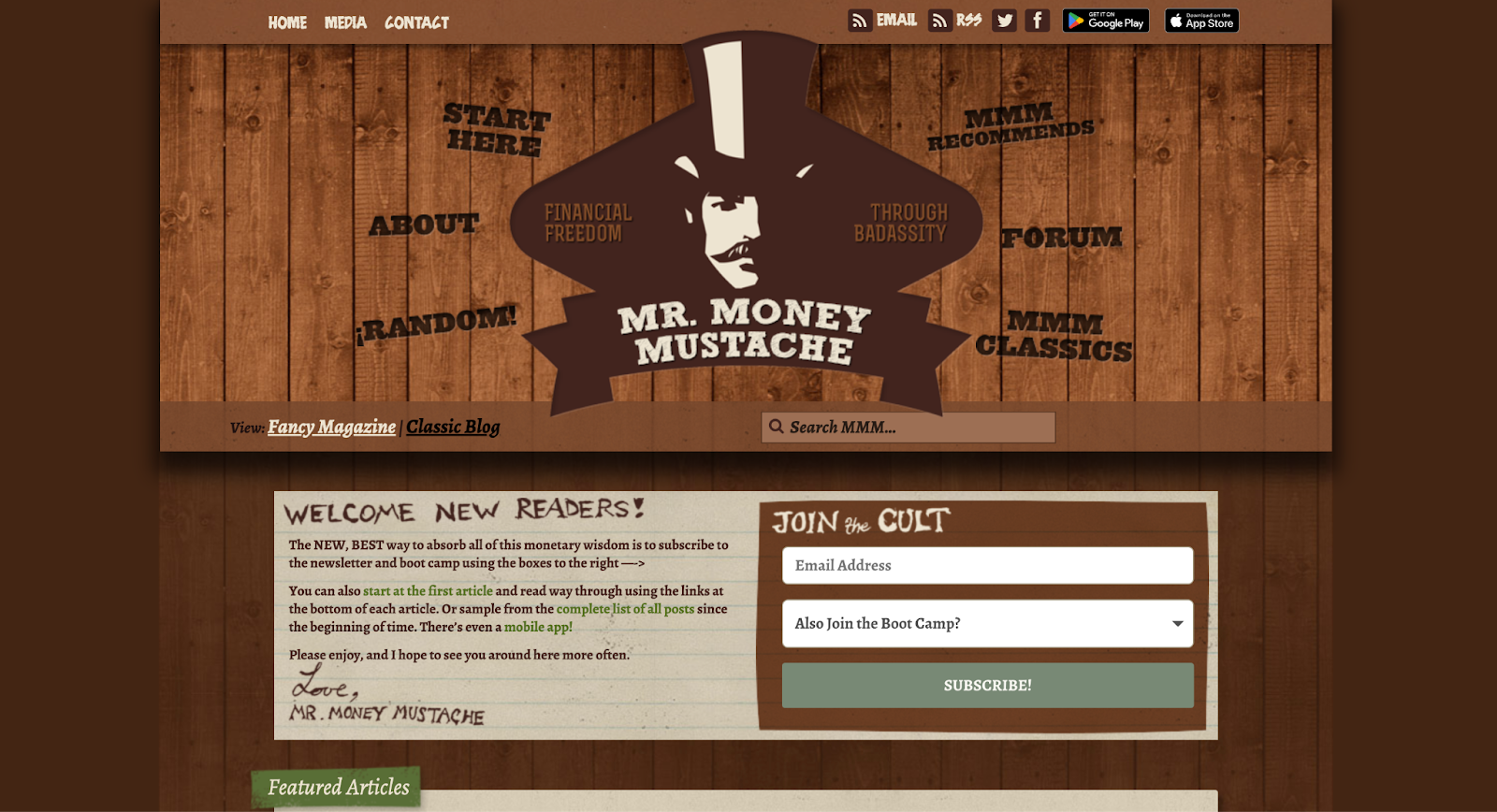 Screenshot from Mr. Money Mustache homepage.