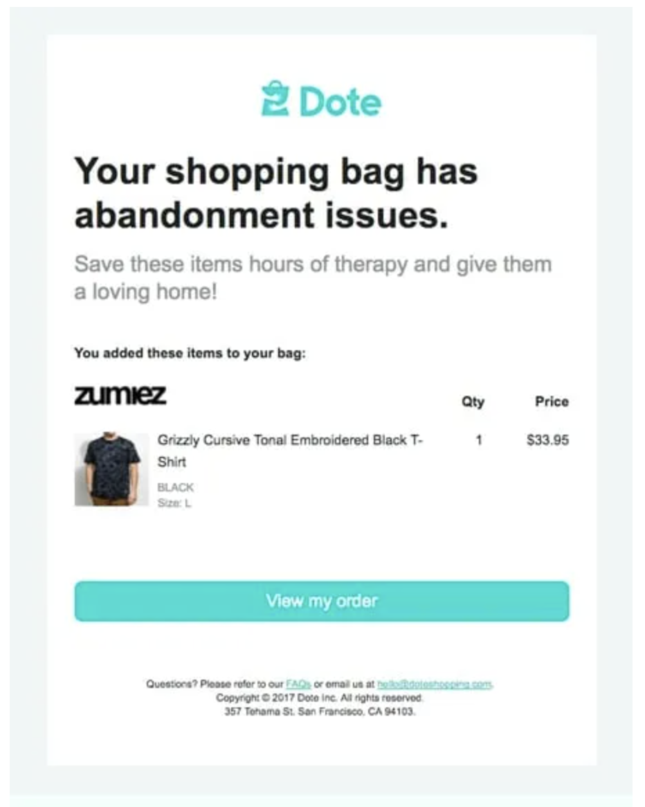 Screenshot of automated cart abandonment email, courtesy of https://reallygoodemails.com/emails/your-shopping-bag-misses-you.