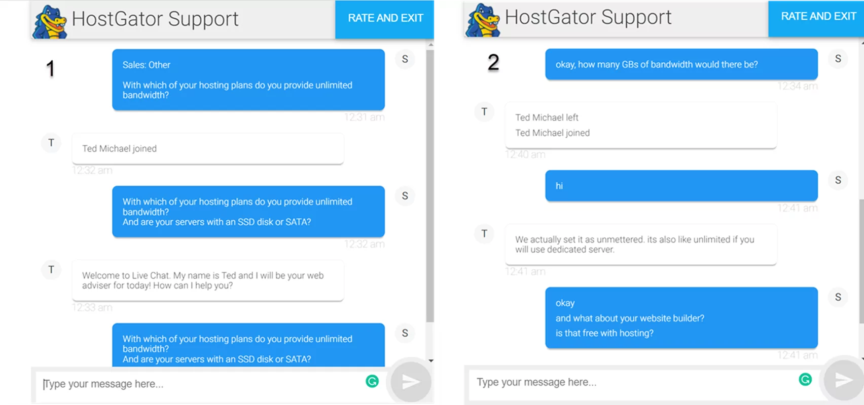 Hostgator support screenshot
