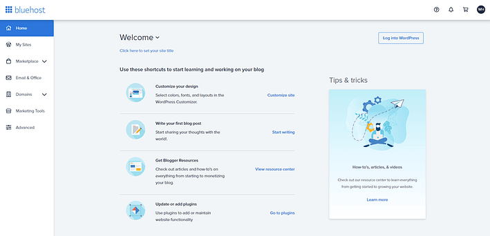 bluehost wordpress kontrol paneli ekran görüntüsü