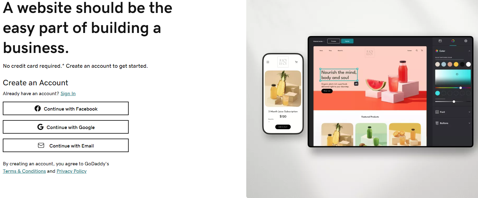 GoDaddy store builder screenshot