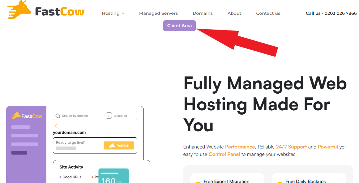 screenshot of FastCow Website with highlighted Client Area button